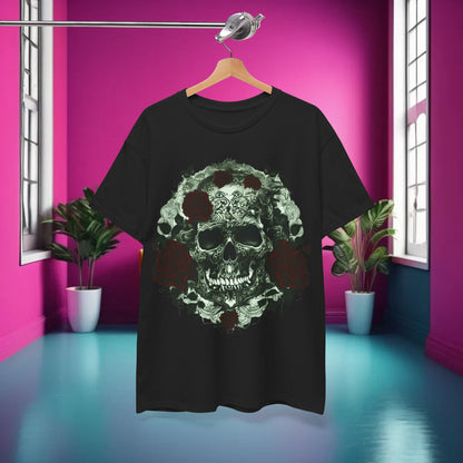 Skulls and Roses Cotton Tee displayed on a hanger in a stylish interior, highlighting its edgy skull design and sophisticated aesthetic.