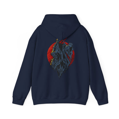 Sophisticated navy hoodie viewed from behind, adorned with a dynamic demon artwork in rich hues of grey and yellow, set against an eye-catching red circular backdrop, exuding edgy luxury.