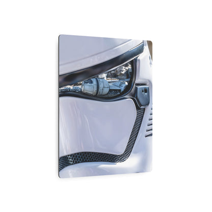 Premium Stormtrooper Metal Art Poster showcasing an intricate close-up of the iconic helmet, highlighting high-quality aluminium finish and superior design for elegant indoor décor.