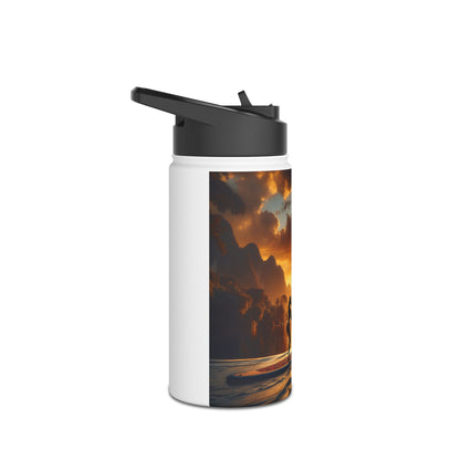 Chic Fantasy Paddleboarding Stainless Steel Water Bottle displaying a picturesque sunset scene with paddleboarder, crafted for luxurious hydration during adventures.