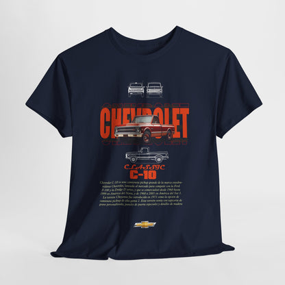 Classic Chevrolet C-10 graphic shirt for men, featuring a vintage truck design in luxurious print on a navy background, showcasing automotive nostalgia.
