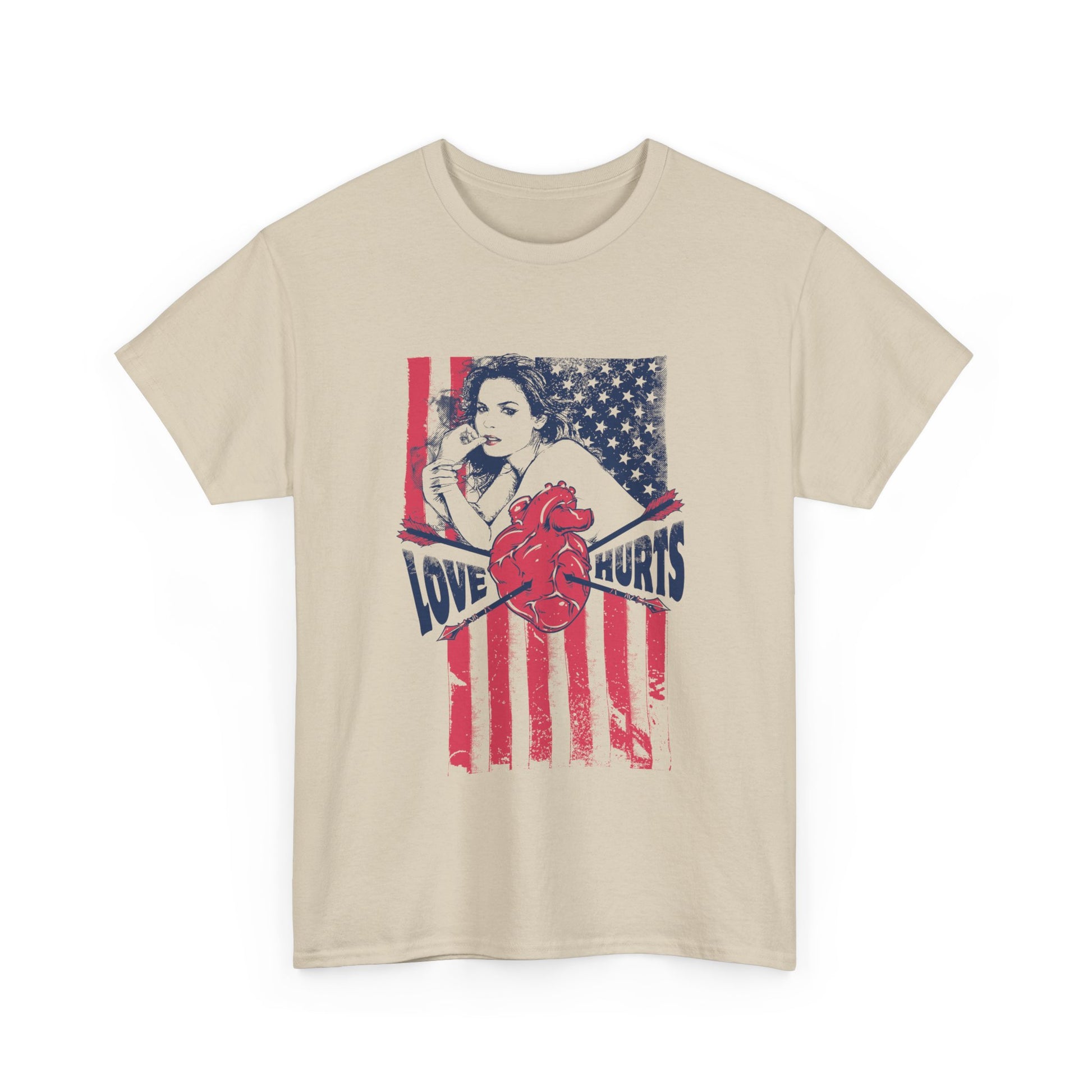 Front view of a sophisticated beige men's t-shirt adorned with a vintage pin-up graphic and 'Love Hurts' lettering on an American flag backdrop, perfect for making a stylish statement.