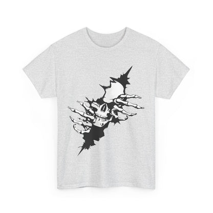 Unisex Ripped Skull Graphic Tee - Stylish grey t-shirt showcasing a striking black skull with skeletal hands breaking through a torn design, perfect for the modern trendsetter.