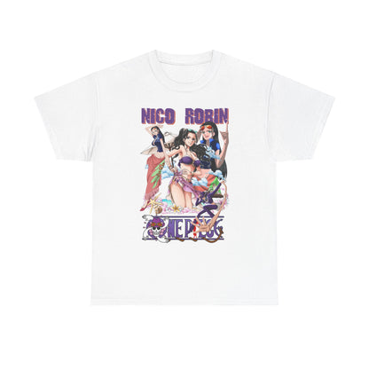 Elegant white t-shirt showcasing exquisite anime art of Nico Robin with friends in colourful swimwear, embodying a playful beach vibe. Ideal fashion statement for anime lovers.