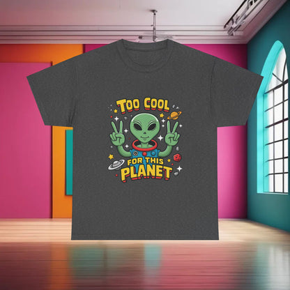 Urban Cotton Alien Graphic T-Shirt for Unisex in charcoal grey, showcasing a unique design with an alien character and the phrase 'Too Cool for This Planet', perfect for stylish streetwear enthusiasts.