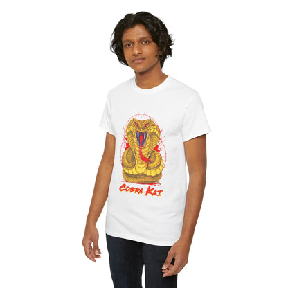 Elegant unisex Cobra Kai graphic tee, displaying an artistic snake illustration, perfect for casual wear and expressing martial arts passion.