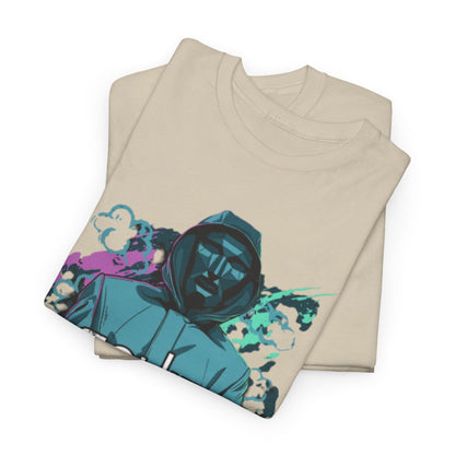 Stylishly folded graphic t-shirts displaying the striking hooded figure from 'Squid Game', accentuated by a contemporary colour palette on a subtle beige fabric.