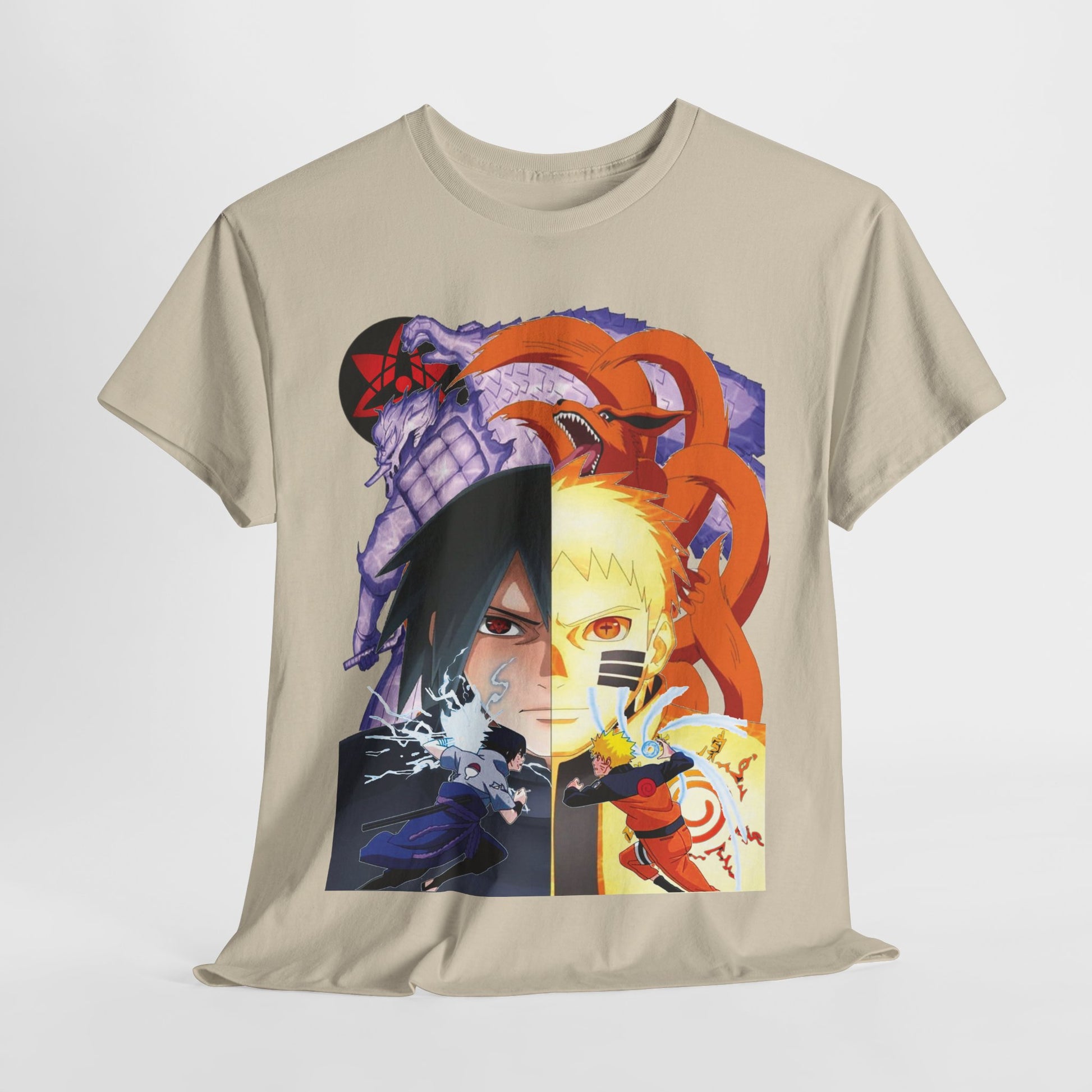 Sophisticated beige T-shirt prominently displaying dynamic artwork of Sasuke and Naruto, embodying strength and adventure, ideal for stylish anime enthusiasts.