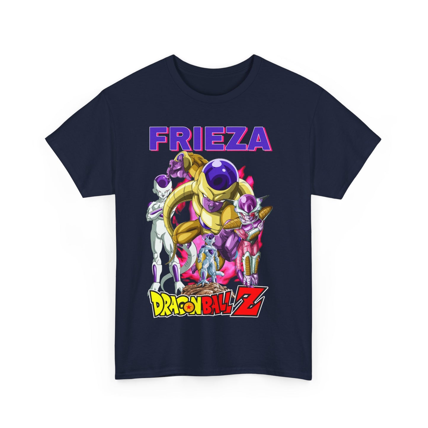 Luxurious Frieza Force T-shirt in navy blue, adorned with an eye-catching Dragon Ball Z illustration of Frieza and his crew, blending style with anime fandom.