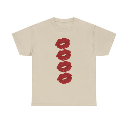 Stylish unisex t-shirt showcasing an elegant design of striking red lip impressions, embodying whimsy and romance for fashion-savvy individuals.