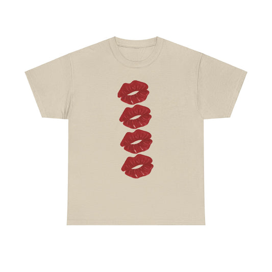 Stylish unisex t-shirt showcasing an elegant design of striking red lip impressions, embodying whimsy and romance for fashion-savvy individuals.