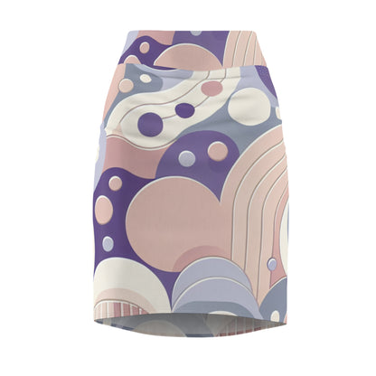 Flattering fit of a Pastel Purple Pencil Skirt with modern globular pattern, showcasing a blend of soothing pastel hues for a luxurious wardrobe addition.