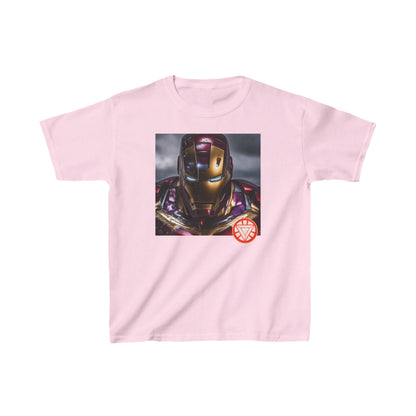 Kids Heavy Cotton Iron Man T-Shirt featuring a vibrant Iron Man image in delightful pink, perfect for young superhero lovers.