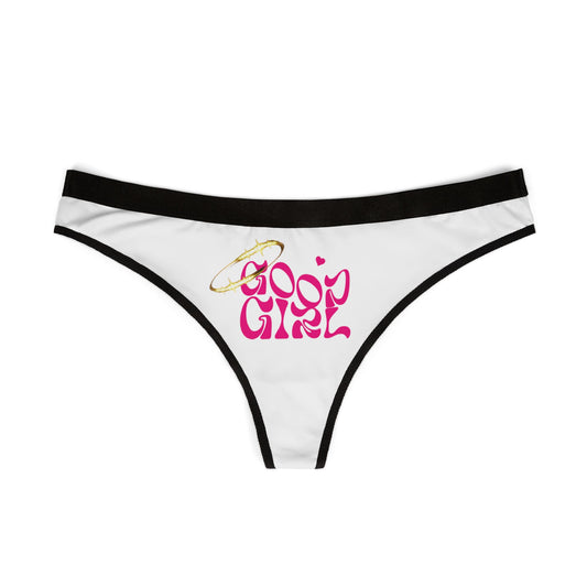 Luxurious 'Good Girl' thong in white with bold pink logo and golden halo, perfect for adding a cheeky touch to your lingerie collection.