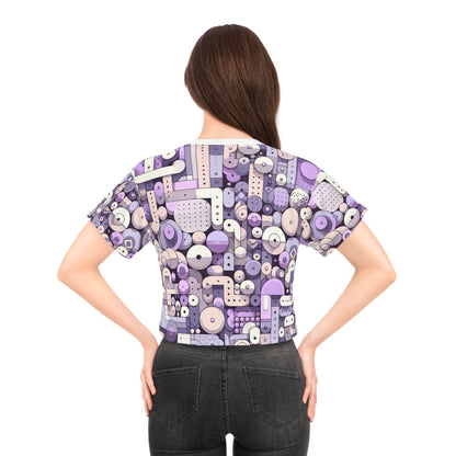 Elegant pastel purple abstract patterned cropped t-shirt by Dazzling Dreams Studio, showcasing a unique design with globular shapes for a luxurious casual style.