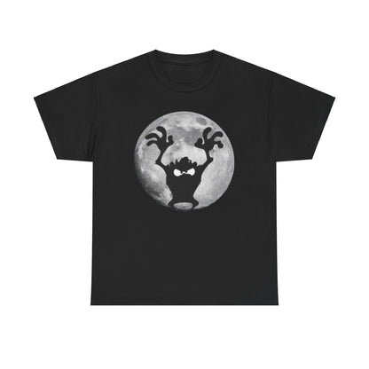 Sophisticated black t-shirt showcasing the iconic Taz Tasmanian Devil silhouette in a dramatic pose, perfectly framed by a detailed grey moon.