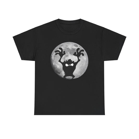 Sophisticated black t-shirt showcasing the iconic Taz Tasmanian Devil silhouette in a dramatic pose, perfectly framed by a detailed grey moon.