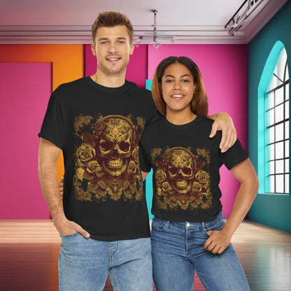 Couple wearing the Skulls and Roses Cotton Tee in a vibrant setting, emphasising the tee's unisex style and exceptional design.