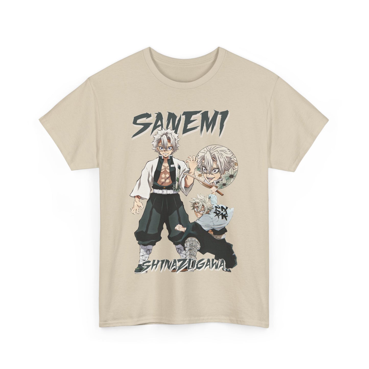 Chic front view of a Sanemi Shinazugawa t-shirt featuring a dynamic character illustration, ideal for anime enthusiasts looking to express their style.