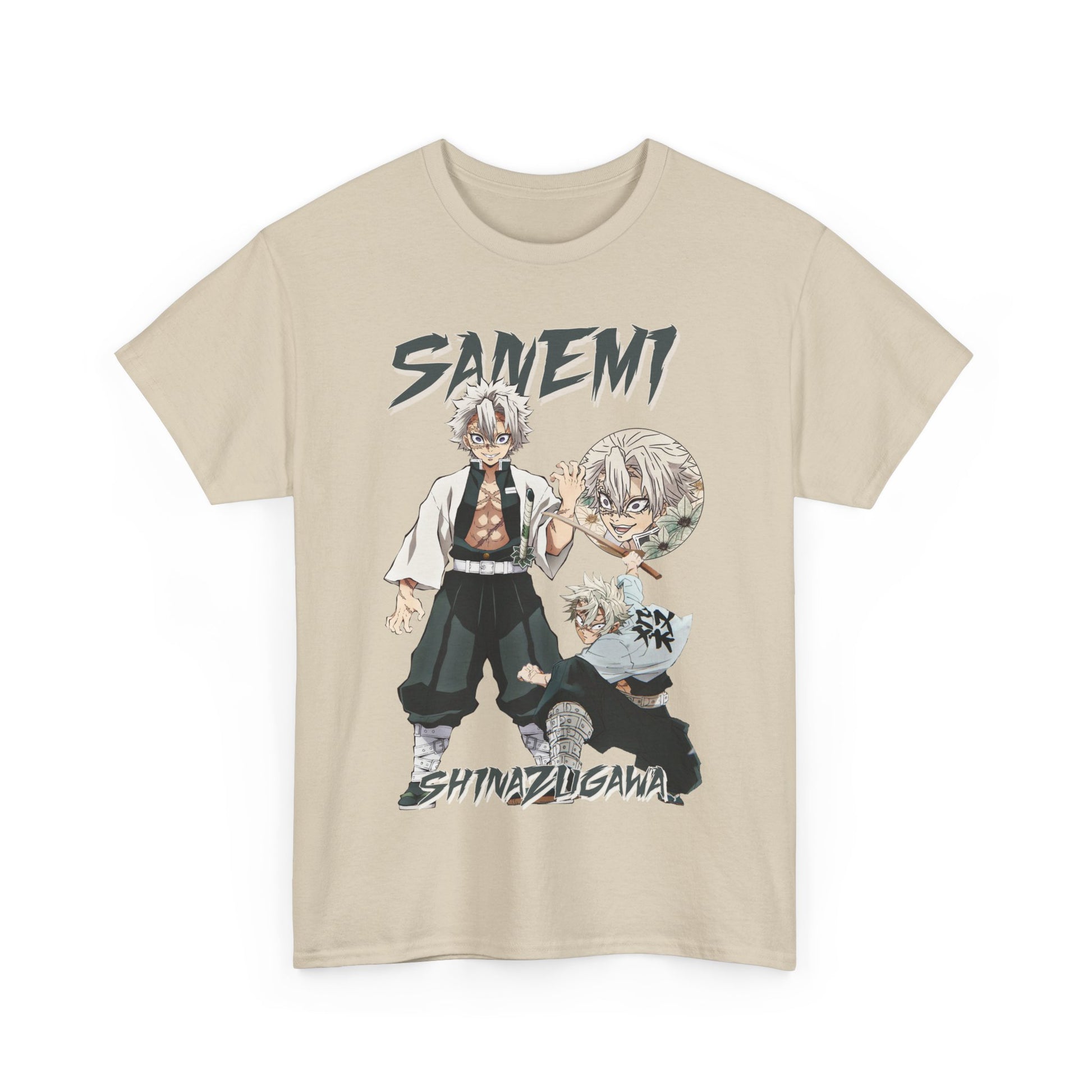 Chic front view of a Sanemi Shinazugawa t-shirt featuring a dynamic character illustration, ideal for anime enthusiasts looking to express their style.