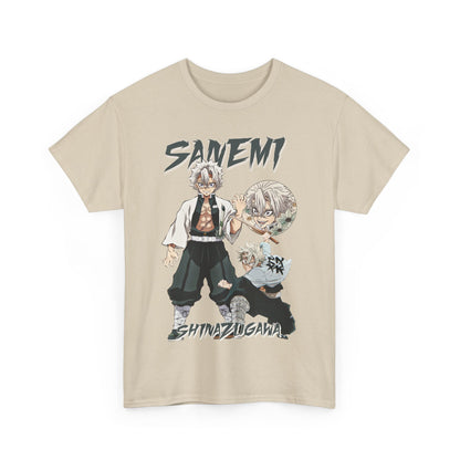Chic front view of a Sanemi Shinazugawa t-shirt featuring a dynamic character illustration, ideal for anime enthusiasts looking to express their style.