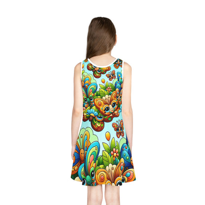 Charming Lilly Buttonwood Butterfly Sundress by Dazzling Dreams Studio displayed on a mannequin, representing exceptional comfort and playful elegance for fashionable young girls.
