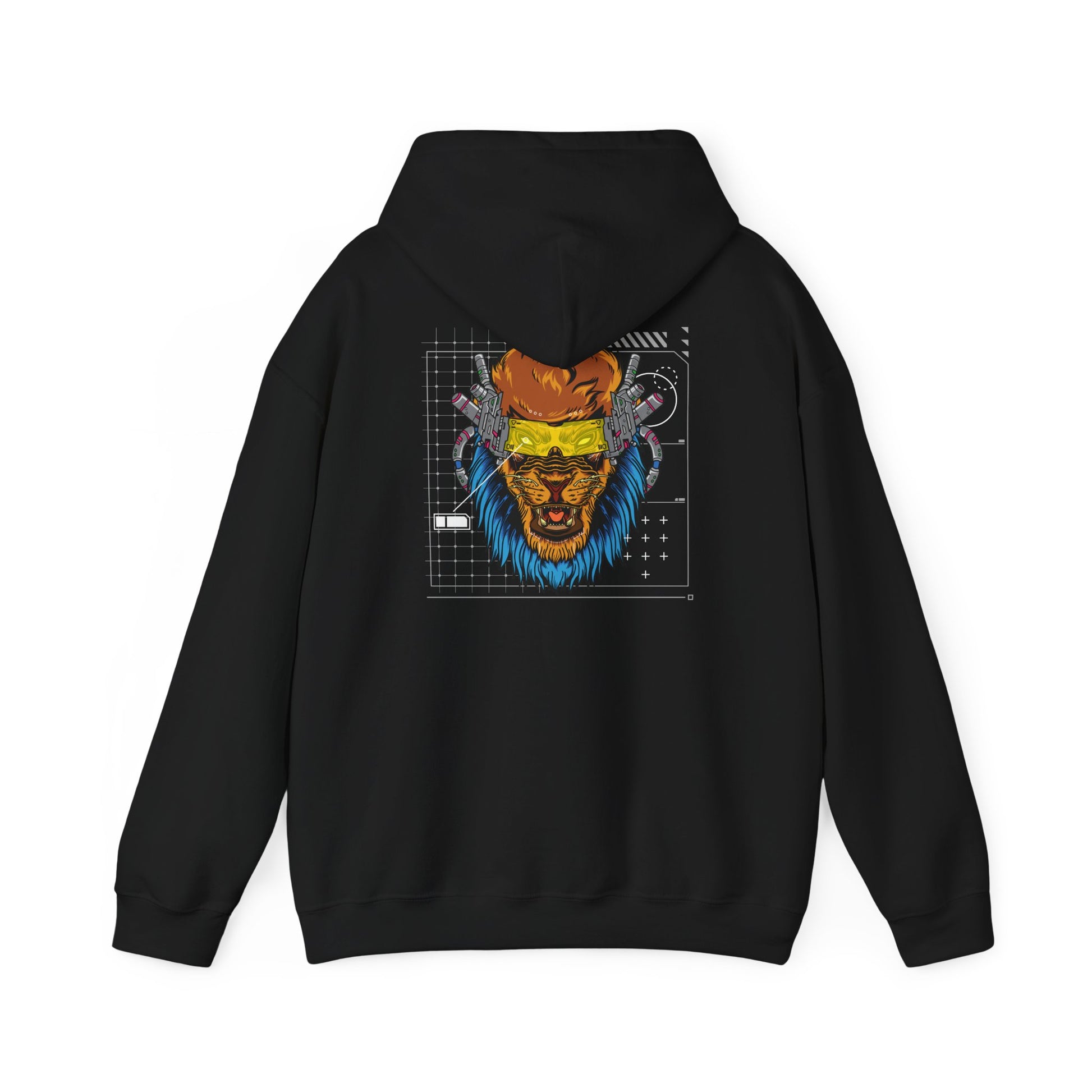 Sophisticated black hoodie with a striking cyberpunk lion back print, highlighting technology and elegance in wardrobe staples.