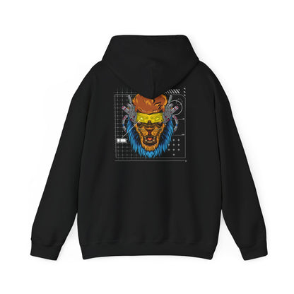 Sophisticated black hoodie with a striking cyberpunk lion back print, highlighting technology and elegance in wardrobe staples.