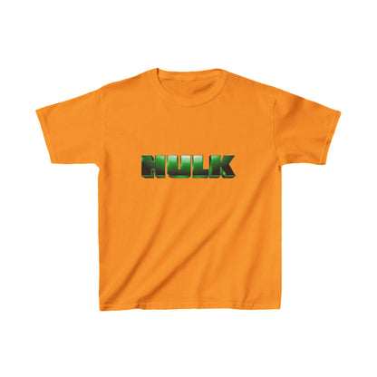 Kids Incredible Hulk Heavy Cotton T-Shirt in bright orange, adorned with a prominent 'HULK' logo, perfect for imaginative play.