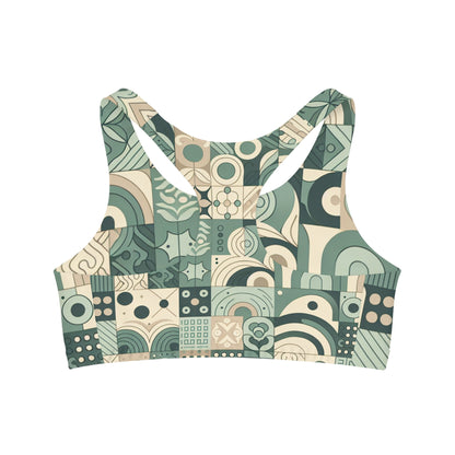 Aurelia Starling Sports Bra featuring an elegant block print design in calming pastel green, ideal for a chic fitness look.