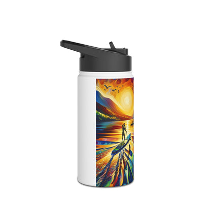 Artistic Fantasy Paddleboarding Stainless Steel Water Bottle featuring vibrant sunset paddleboarding art, ideal for stylish hydration.