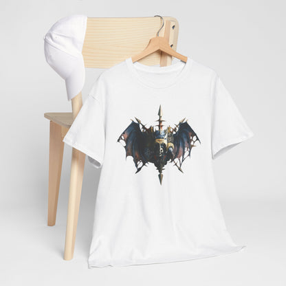 Artfully arranged white t-shirt draped over a wooden chair, displaying a captivating warlord graphic, perfect for casual outings and convention attire.