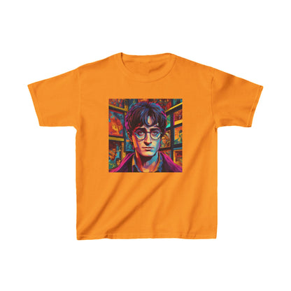 Kids Harry Potter Heavy Cotton Tee in bright orange displaying an enchanting graphic of a young wizard, designed for comfort and style.