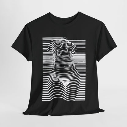 Elegant black t-shirt featuring a captivating optical illusion graphic design, showcasing a stylised human silhouette created through intricate white line patterns, perfect for fashion-forward individuals who appreciate artful attire.
