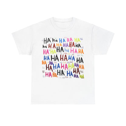 Vibrant HAHA Graphic Unisex T-Shirt in white, featuring a lively and colourful pattern of the word 'HAHA', perfect for a stylish statement.