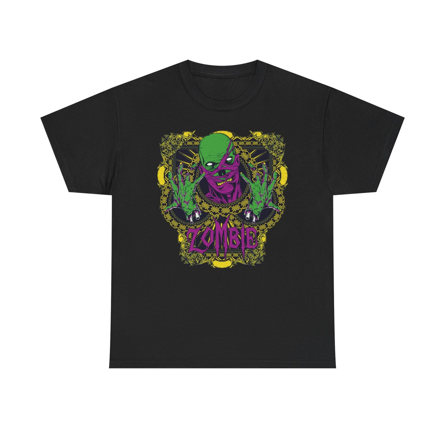 Sophisticated black men's T-shirt adorned with a captivating zombie graphic, showcasing vivid green and purple hues with detailed yellow embellishments and bold 'ZOMBIE' lettering.