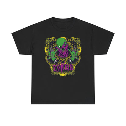 Sophisticated black men's T-shirt adorned with a captivating zombie graphic, showcasing vivid green and purple hues with detailed yellow embellishments and bold 'ZOMBIE' lettering.
