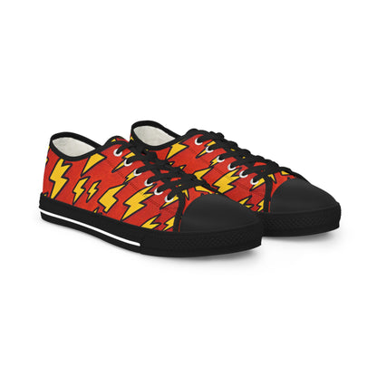 Zara Boltstorm Men's Lowtop Sneakers featuring a bold pop art design with vibrant orange lightning bolts over a striking red background, showcasing luxury streetwear aesthetics from Printify.