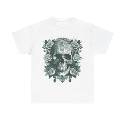 Skulls and Roses Cotton Tee in white, a refined unisex graphic shirt showcasing an intricate steampunk skull design encircled by roses, perfect for stylish individuality.
