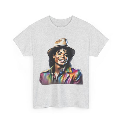 Luxurious light grey Michael Jackson Portrait Graphic Unisex T-Shirt depicting the King of Pop in a vibrant close-up, perfect for fans and style enthusiasts.