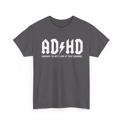 Elegant AD HD Rockers AC DC Graphic T-Shirt in dark grey, showcasing 'HIGHWAY TO HEY! LOOK AT THAT SQUIRREL' design, perfect for music enthusiasts seeking refined comfort.