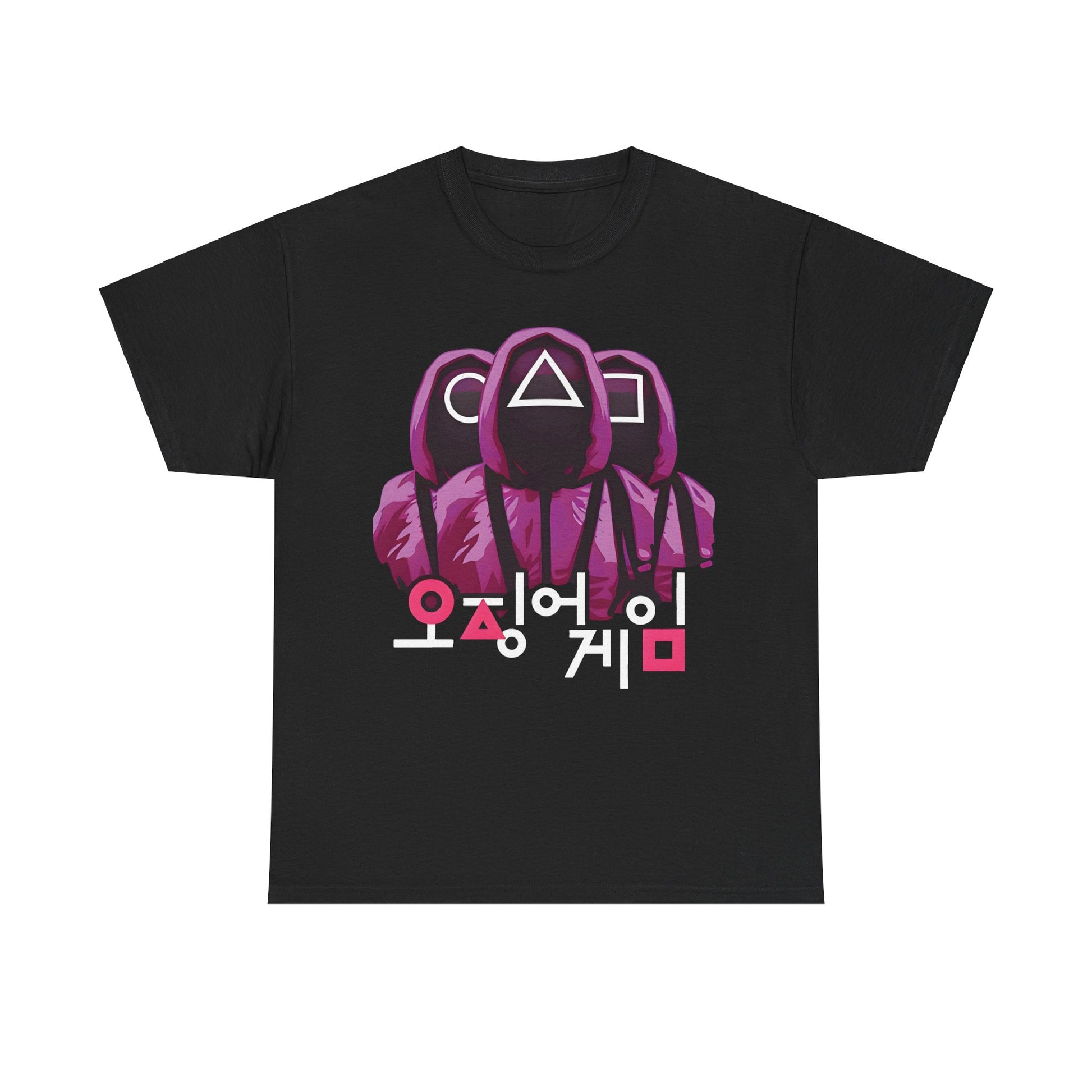 Squid Game Unisex Men’s Women’s Graphic T Shirt Tee featuring striking purple hooded figures and stylised Korean characters on a black background, encapsulating mystery and elegance.