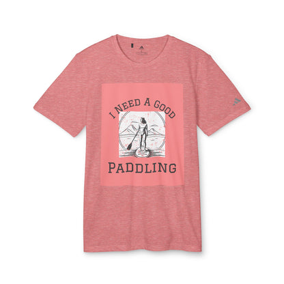 Adidas Women's Paddleboarders T-shirt in red heather, showcasing an elegant paddling graphic, perfect for outdoor activities while promoting sustainability and style.