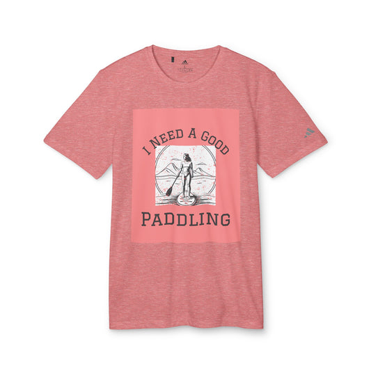 Adidas Women's Paddleboarders T-shirt in red heather, showcasing an elegant paddling graphic, perfect for outdoor activities while promoting sustainability and style.