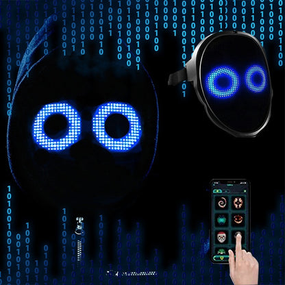 Futuristic Face Changing Glowing Mask featuring blue LED eyes, highlighting advanced technology capabilities for Halloween celebrations. Designed for a luxurious party experience from Dazzling Dreams Studio.