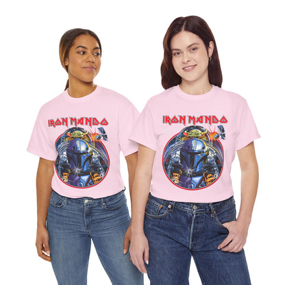 Two models showcasing the unisex Iron Mando Graphic Tee, elegantly illustrating the versatile fit and unique design, a must-have for luxury Star Wars fans.