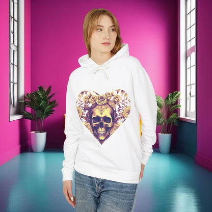 Model wearing the Skull and Roses Lightweight Hoodie in white, highlighting its unique skull and roses graphic in a stylish indoor setting.