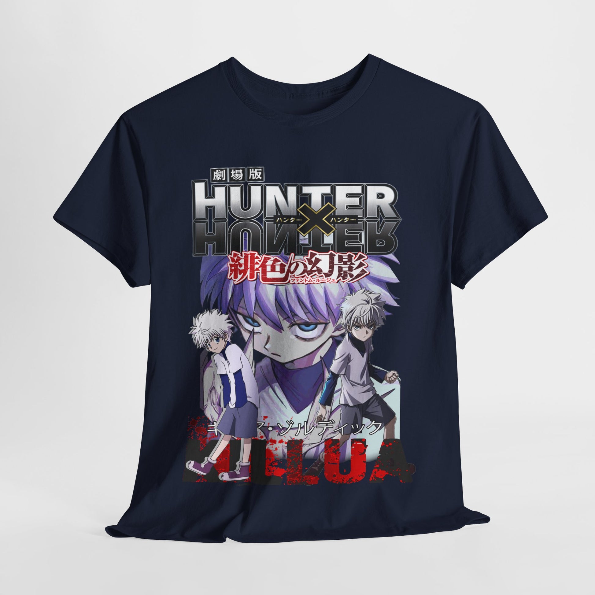 Chic navy blue Hunter x Hunter t-shirt with dynamic graphic design of Killua and Gon, ideal for expressing anime passion with sophistication.