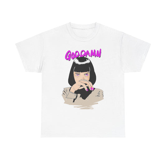 Unisex white graphic T-shirt designed with an artistic representation of a confident woman, complete with striking purple lettering of 'GOOD DAMN', capturing a blend of elegance and contemporary style for discerning individuals.