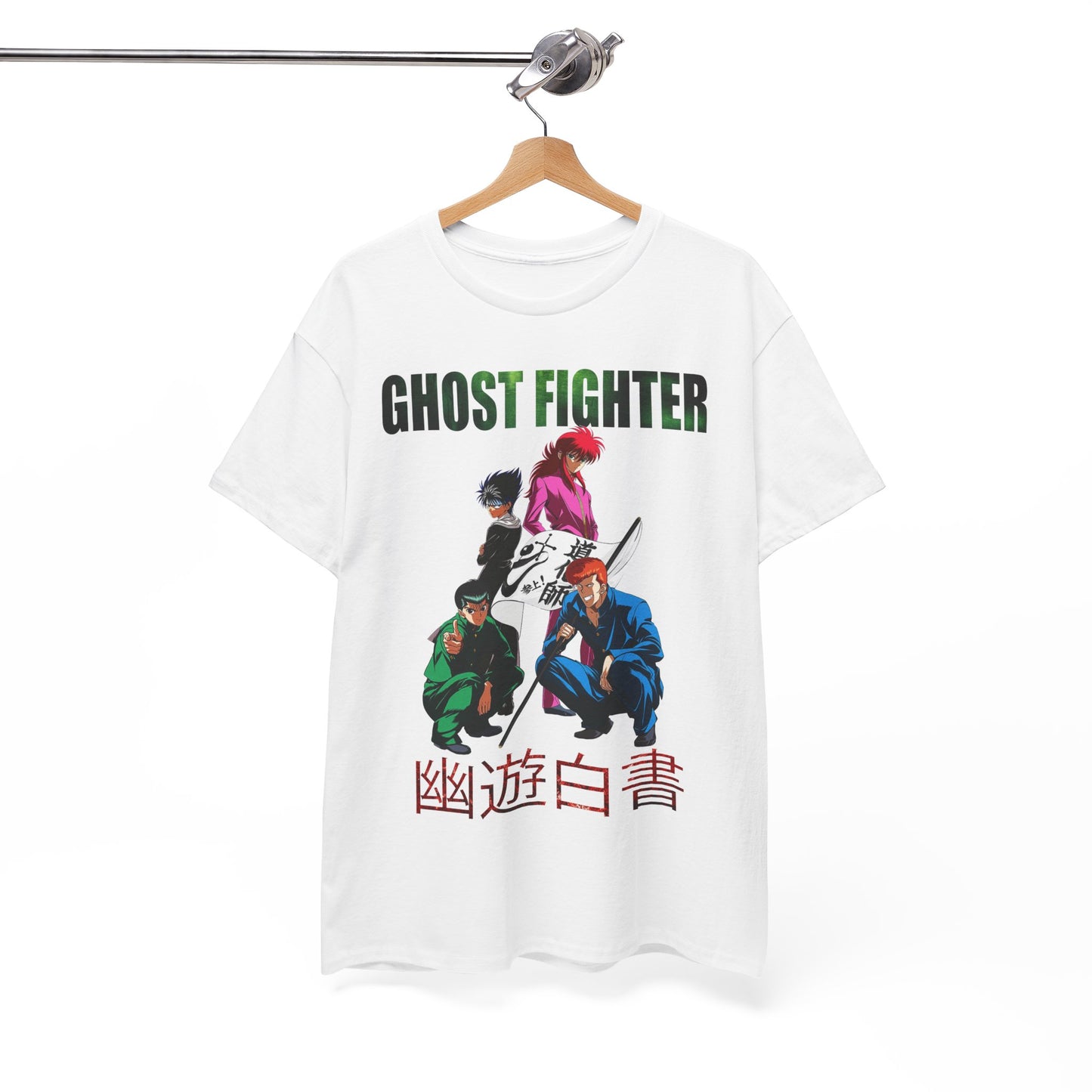 Chic Ghost Fighter t-shirt artfully hung, highlighting an eye-catching anime-themed print, ideal for casual yet striking fashion statements.